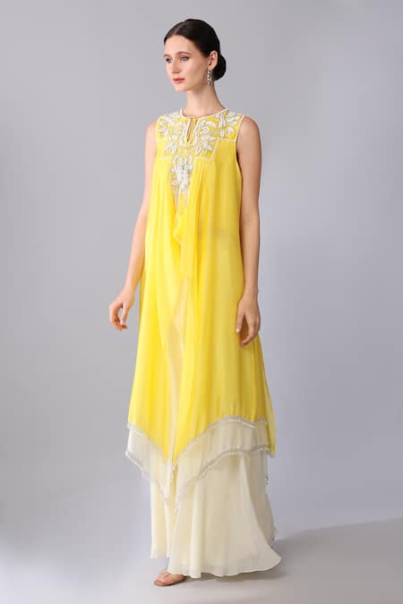 Shop Keith Gomes Yellow Silk Organza Pearls, Sequins, Yoke Embroidered Tunic And Palazzo Set Online at Aza Fashions Shop_Keith Gomes_Yellow Silk Organza Pearls, Sequins, Yoke Embroidered Tunic And Palazzo Set _Online_at_Aza_Fashions
