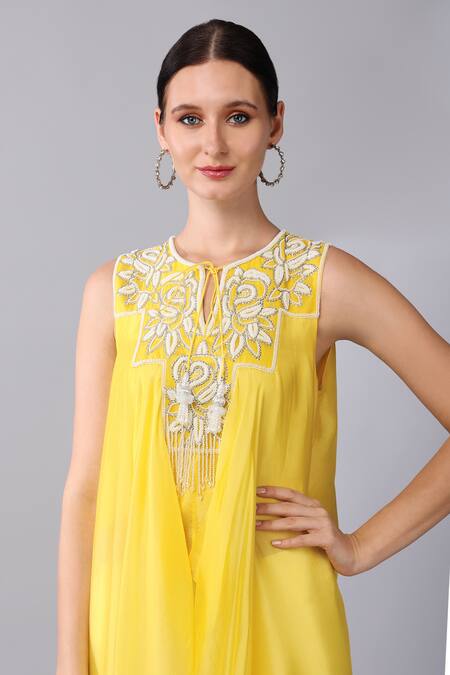 Keith Gomes Yellow Silk Organza Pearls, Sequins, Yoke Embroidered Tunic And Palazzo Set at Aza Fashions Keith Gomes_Yellow Silk Organza Pearls, Sequins, Yoke Embroidered Tunic And Palazzo Set _at_Aza_Fashions