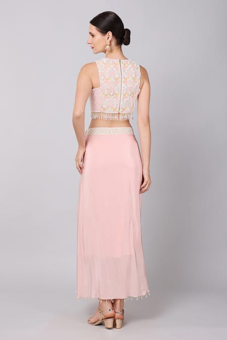 Shop Keith Gomes Pink Organza, Crepe Pearls, Sequins Embroidered Crop Top And Draped Skirt Set at Aza Fashions Shop_Keith Gomes_Pink Organza, Crepe Pearls, Sequins Embroidered Crop Top And Draped Skirt Set _at_Aza_Fashions