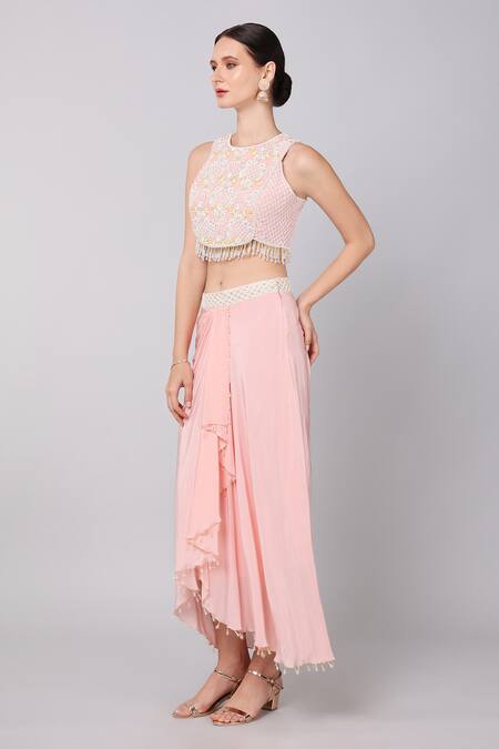 Keith Gomes Pink Organza, Crepe Pearls, Sequins Embroidered Crop Top And Draped Skirt Set Online at Aza Fashions Keith Gomes_Pink Organza, Crepe Pearls, Sequins Embroidered Crop Top And Draped Skirt Set _Online_at_Aza_Fashions