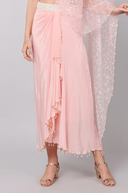 Buy Keith Gomes Pink Organza, Crepe Pearls, Sequins Embroidered Crop Top And Draped Skirt Set Online at Aza Fashions Buy_Keith Gomes_Pink Organza, Crepe Pearls, Sequins Embroidered Crop Top And Draped Skirt Set _Online_at_Aza_Fashions