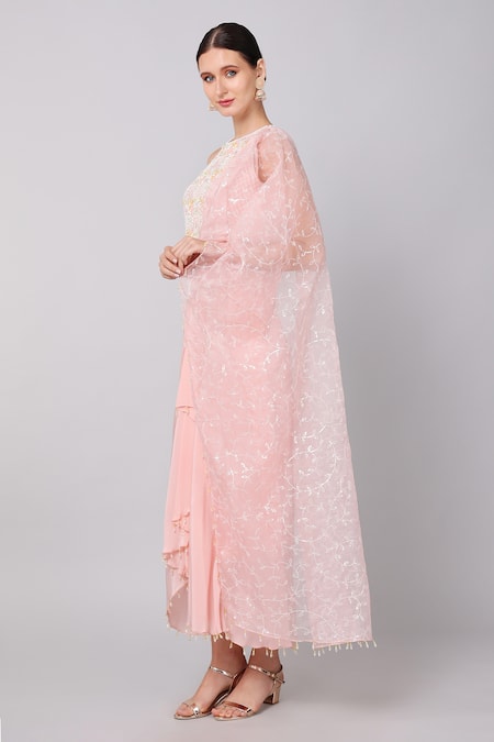 Shop Keith Gomes Pink Organza, Crepe Pearls, Sequins Embroidered Crop Top And Draped Skirt Set Online at Aza Fashions Shop_Keith Gomes_Pink Organza, Crepe Pearls, Sequins Embroidered Crop Top And Draped Skirt Set _Online_at_Aza_Fashions