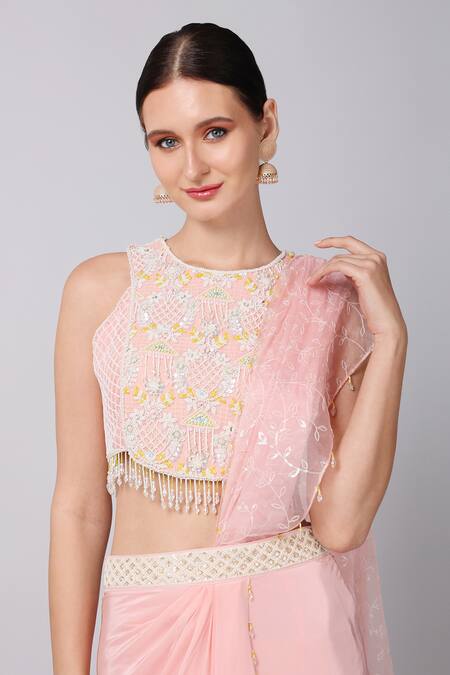 Keith Gomes Pink Organza, Crepe Pearls, Sequins Embroidered Crop Top And Draped Skirt Set at Aza Fashions Keith Gomes_Pink Organza, Crepe Pearls, Sequins Embroidered Crop Top And Draped Skirt Set _at_Aza_Fashions