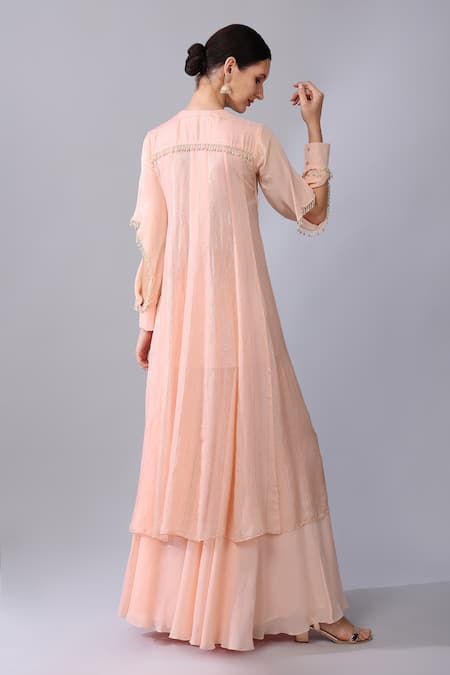 Shop Keith Gomes Pink Chiffon, Silk Organza Pearls, Sequins Round Embroidered Tunic And Palazzo Set at Aza Fashions Shop_Keith Gomes_Pink Chiffon, Silk Organza Pearls, Sequins Round Embroidered Tunic And Palazzo Set _at_Aza_Fashions