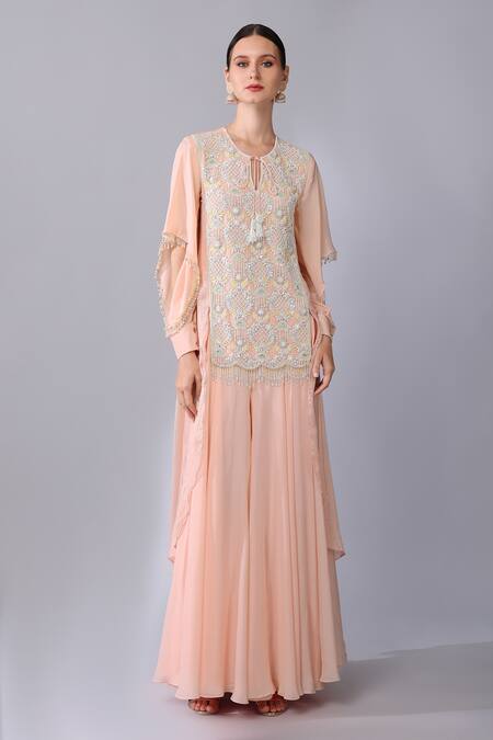 Keith Gomes Pink Chiffon, Silk Organza Pearls, Sequins Round Embroidered Tunic And Palazzo Set Online at Aza Fashions Keith Gomes_Pink Chiffon, Silk Organza Pearls, Sequins Round Embroidered Tunic And Palazzo Set _Online_at_Aza_Fashions