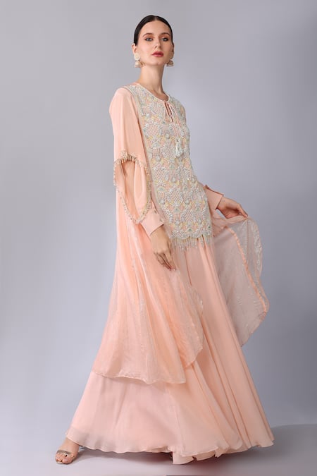 Shop Keith Gomes Pink Chiffon, Silk Organza Pearls, Sequins Round Embroidered Tunic And Palazzo Set Online at Aza Fashions Shop_Keith Gomes_Pink Chiffon, Silk Organza Pearls, Sequins Round Embroidered Tunic And Palazzo Set _Online_at_Aza_Fashions
