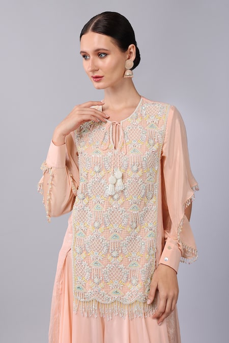 Keith Gomes Pink Chiffon, Silk Organza Pearls, Sequins Round Embroidered Tunic And Palazzo Set at Aza Fashions Keith Gomes_Pink Chiffon, Silk Organza Pearls, Sequins Round Embroidered Tunic And Palazzo Set _at_Aza_Fashions