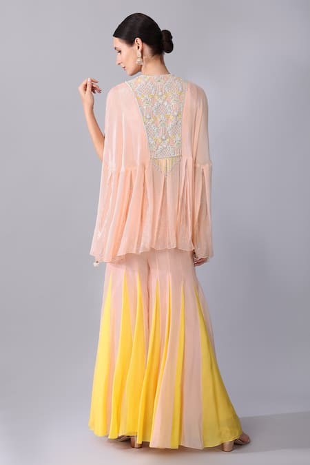 Shop Keith Gomes Pink Georgette, Organza Pearls, Sequins, Yoke Embroidered Tunic And Palazzo Set at Aza Fashions Shop_Keith Gomes_Pink Georgette, Organza Pearls, Sequins, Yoke Embroidered Tunic And Palazzo Set _at_Aza_Fashions