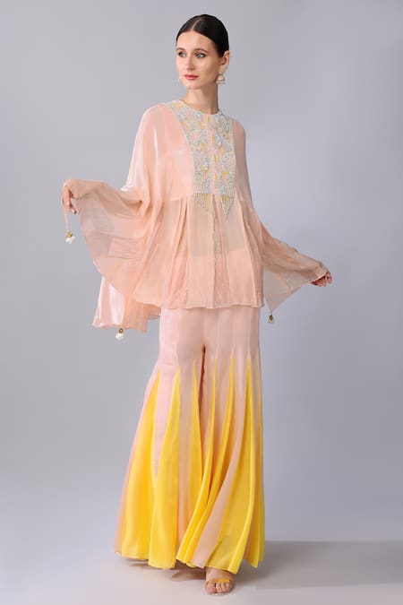 Keith Gomes Pink Georgette, Organza Pearls, Sequins, Yoke Embroidered Tunic And Palazzo Set Online at Aza Fashions Keith Gomes_Pink Georgette, Organza Pearls, Sequins, Yoke Embroidered Tunic And Palazzo Set _Online_at_Aza_Fashions