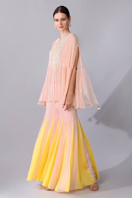 Shop Keith Gomes Pink Georgette, Organza Pearls, Sequins, Yoke Embroidered Tunic And Palazzo Set Online at Aza Fashions Shop_Keith Gomes_Pink Georgette, Organza Pearls, Sequins, Yoke Embroidered Tunic And Palazzo Set _Online_at_Aza_Fashions