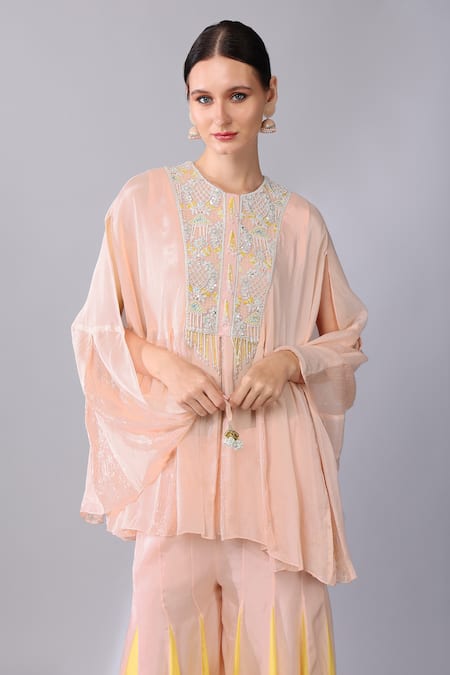 Keith Gomes Pink Georgette, Organza Pearls, Sequins, Yoke Embroidered Tunic And Palazzo Set at Aza Fashions Keith Gomes_Pink Georgette, Organza Pearls, Sequins, Yoke Embroidered Tunic And Palazzo Set _at_Aza_Fashions