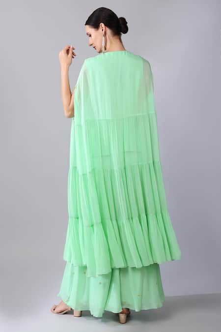 Shop Keith Gomes Green Georgette, Organza Pearls, Sequins Scoop Embroidered Tunic And Palazzo Set at Aza Fashions Shop_Keith Gomes_Green Georgette, Organza Pearls, Sequins Scoop Embroidered Tunic And Palazzo Set _at_Aza_Fashions