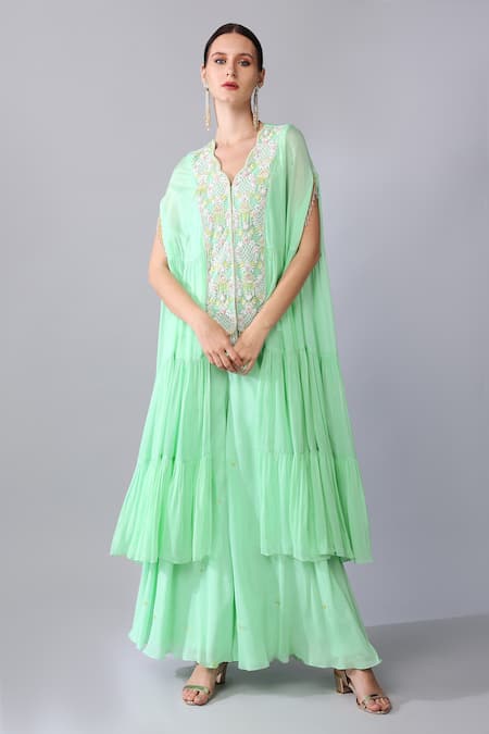 Keith Gomes Green Georgette, Organza Pearls, Sequins Scoop Embroidered Tunic And Palazzo Set Online at Aza Fashions Keith Gomes_Green Georgette, Organza Pearls, Sequins Scoop Embroidered Tunic And Palazzo Set _Online_at_Aza_Fashions