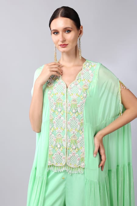Shop Keith Gomes Green Georgette, Organza Pearls, Sequins Scoop Embroidered Tunic And Palazzo Set Online at Aza Fashions Shop_Keith Gomes_Green Georgette, Organza Pearls, Sequins Scoop Embroidered Tunic And Palazzo Set _Online_at_Aza_Fashions