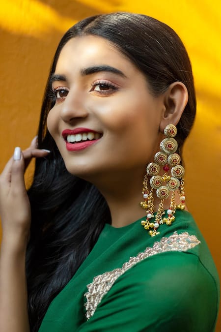 Shop Kanyaadhan By Dhirajaayushi Gold Plated Beads Sequin Embroidered Danglers at Aza Fashions Shop_Kanyaadhan By Dhirajaayushi_Gold Plated Beads Sequin Embroidered Danglers _at_Aza_Fashions