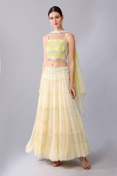 Keith Gomes_Yellow Georgette, Net Tassels, Embroidery, Beads, Flower Blouse Skirt Set _Online_at_Aza_Fashions