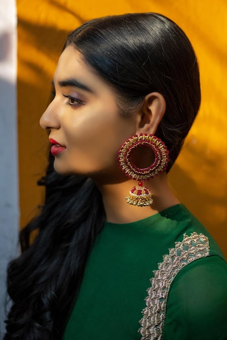 Buy Kanyaadhan By Dhirajaayushi Red Beads Thread Embroidered Jhumkas Online at Aza Fashions Buy_Kanyaadhan By Dhirajaayushi_Red Beads Thread Embroidered Jhumkas _Online_at_Aza_Fashions