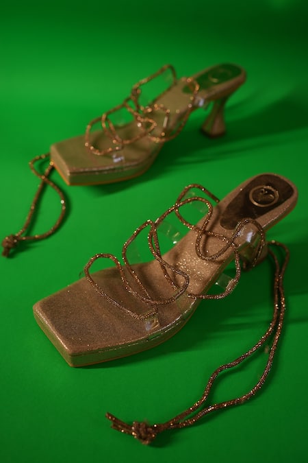 Sana K luxurious Footwear_Gold Stones String Embellished Strapped Heels _Online_at_Aza_Fashions