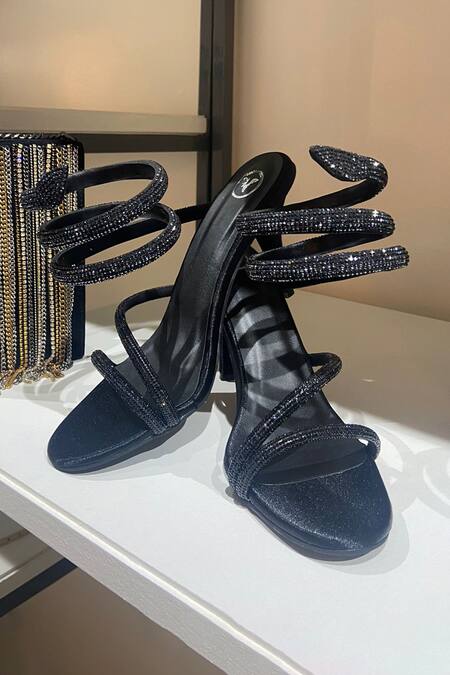 Shop_Sana K luxurious Footwear_Black Crystals Panther Stone Embellished Spring Strap Heels _at_Aza_Fashions