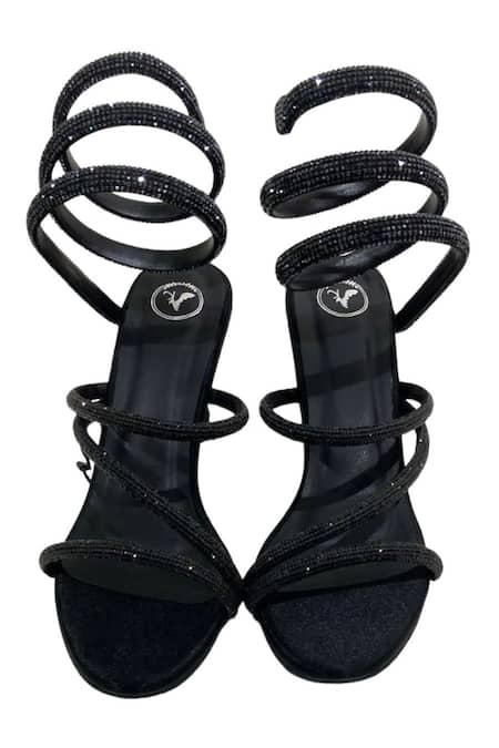 Sana K luxurious Footwear_Black Crystals Panther Stone Embellished Spring Strap Heels _Online_at_Aza_Fashions