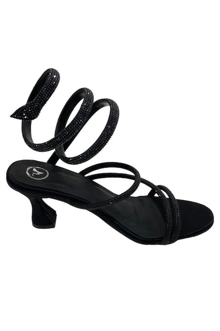 Buy_Sana K luxurious Footwear_Black Crystals Panther Stone Embellished Spring Strap Heels _Online_at_Aza_Fashions