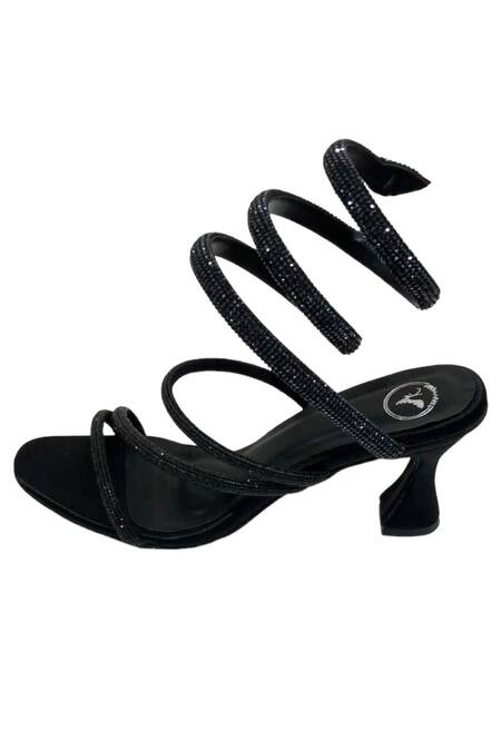 Shop_Sana K luxurious Footwear_Black Crystals Panther Stone Embellished Spring Strap Heels _Online_at_Aza_Fashions