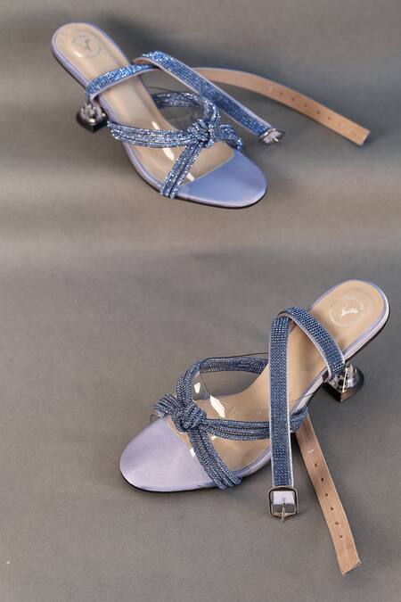 Sana K luxurious Footwear_Blue Rhinestones Embellished Spool Heels _Online_at_Aza_Fashions