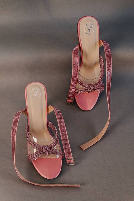 Sana K luxurious Footwear_Pink Rhinestones Embellished Spool Heels _Online_at_Aza_Fashions