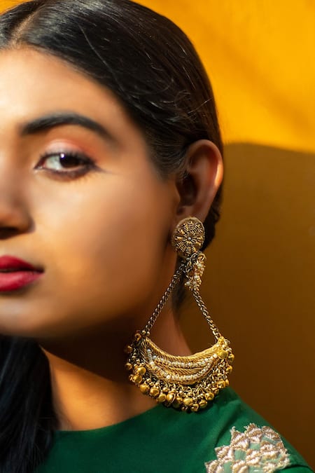 Shop Kanyaadhan By Dhirajaayushi Gold Plated Beads Geometric Shaped Chandbali at Aza Fashions Shop_Kanyaadhan By Dhirajaayushi_Gold Plated Beads Geometric Shaped Chandbali _at_Aza_Fashions