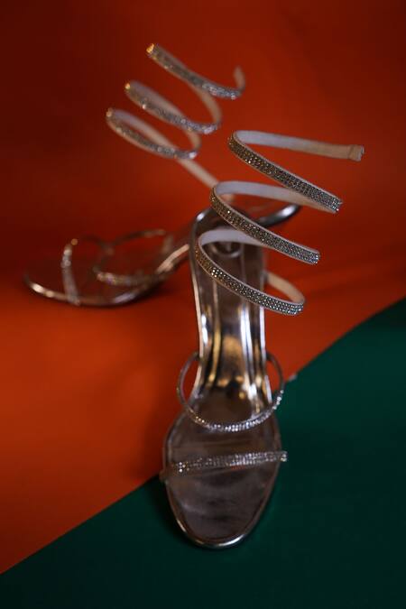 Sana K luxurious Footwear_Silver Crystals Embellished Stone Spring Strap Heels _Online_at_Aza_Fashions