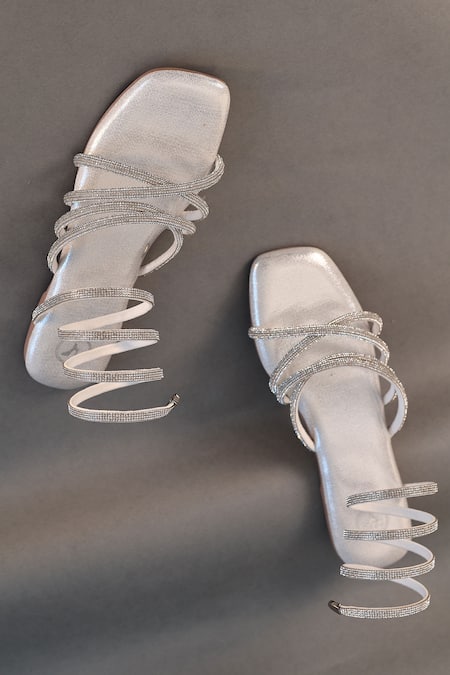 Sana K luxurious Footwear_Silver Stone Embellished Spring Strap Flats _Online_at_Aza_Fashions