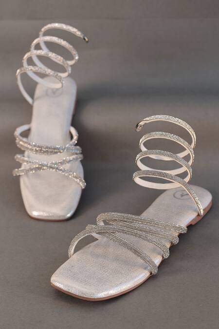 Buy_Sana K luxurious Footwear_Silver Stone Embellished Spring Strap Flats _Online_at_Aza_Fashions