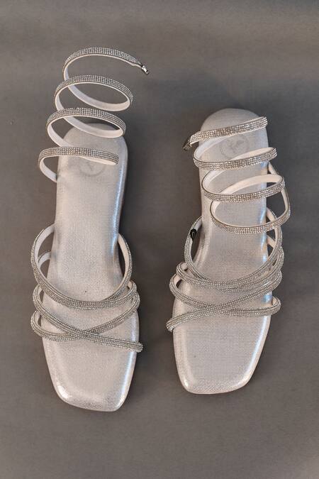 Shop_Sana K luxurious Footwear_Silver Stone Embellished Spring Strap Flats _Online_at_Aza_Fashions