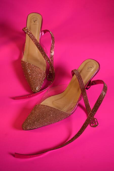 Shop_Sana K luxurious Footwear_Pink Rhinestones Sleek Cheek Embellished Heels _Online_at_Aza_Fashions