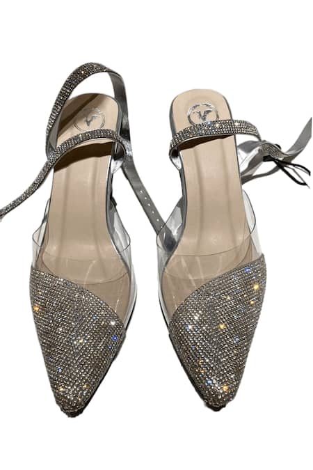 Shop Sana K luxurious Footwear Silver Rhinestones Sleek Cheek Embellished Heels at Aza Fashions Shop_Sana K luxurious Footwear_Silver Rhinestones Sleek Cheek Embellished Heels _at_Aza_Fashions
