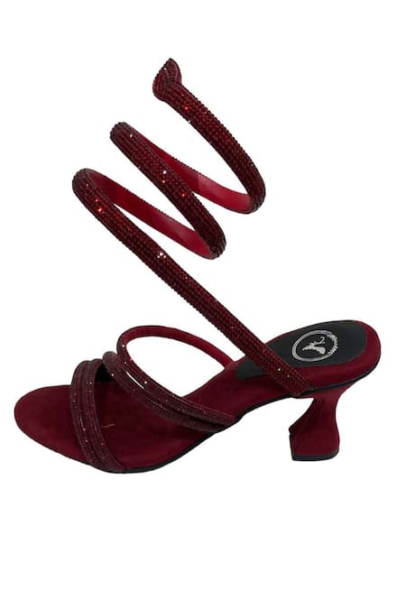 Sana K luxurious Footwear_Red Stones Panther Embellished Spring Strap Heels _Online_at_Aza_Fashions