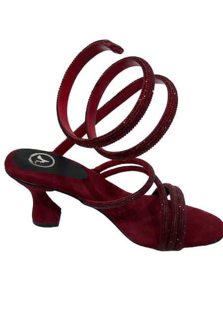Buy_Sana K luxurious Footwear_Red Stones Panther Embellished Spring Strap Heels _Online_at_Aza_Fashions
