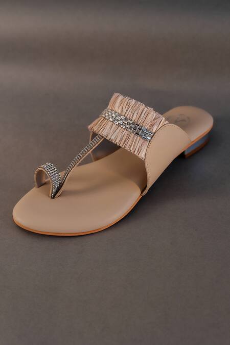 Shop_Sana K luxurious Footwear_Beige Fringe, Crystals Stringy Embellished Kolhapuri Heels _Online_at_Aza_Fashions