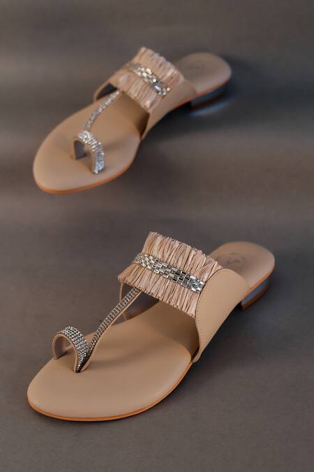 Sana K luxurious Footwear_Beige Fringe, Crystals Stringy Embellished Kolhapuri Heels _at_Aza_Fashions