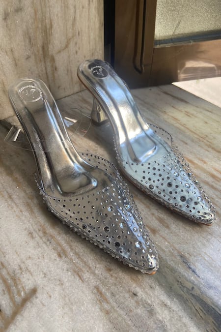 Sana K luxurious Footwear Silver Stone Stud Embellished Rocker Heels 