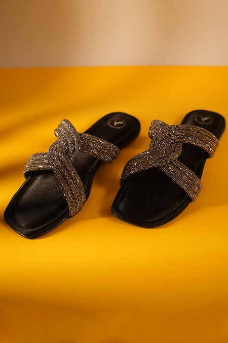 Sana K Luxurious Footwear Black Stone Embellished String Strap Flats 