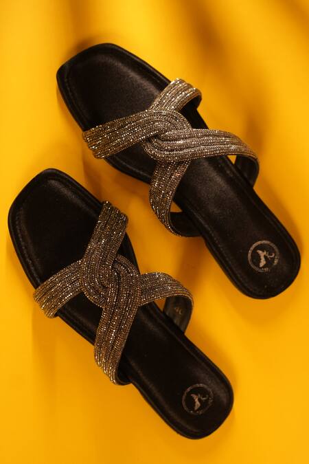 Sana K luxurious Footwear_Black String Stone Embellished Strap Flats _Online_at_Aza_Fashions