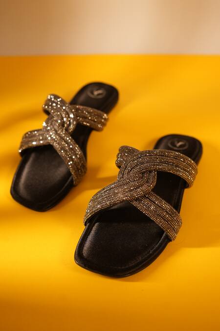 Buy_Sana K luxurious Footwear_Black String Stone Embellished Strap Flats _Online_at_Aza_Fashions