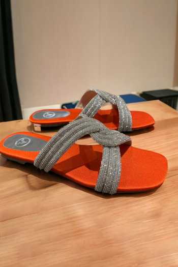 Shop Sana K luxurious Footwear Orange String Stone Work Strap Flats at Aza Fashions Shop_Sana K luxurious Footwear_Orange String Stone Work Strap Flats _at_Aza_Fashions
