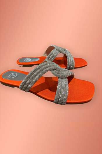 Sana K luxurious Footwear Orange String Stone Work Strap Flats Online at Aza Fashions Sana K luxurious Footwear_Orange String Stone Work Strap Flats _Online_at_Aza_Fashions