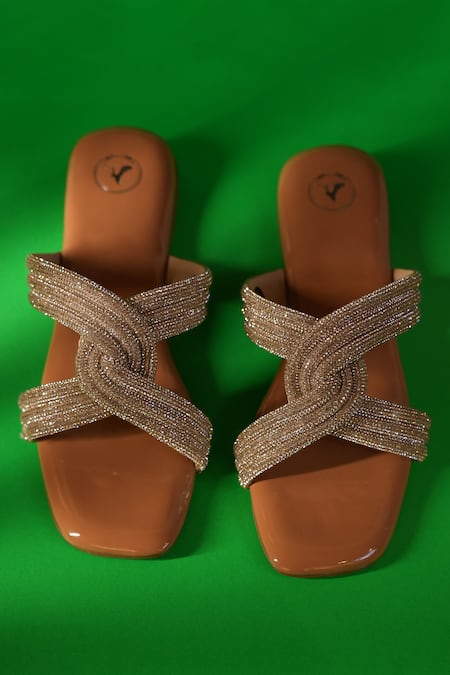 Shop Sana K luxurious Footwear Beige String Stone Embellished Cord Flats at Aza Fashions Shop_Sana K luxurious Footwear_Beige String Stone Embellished Cord Flats _at_Aza_Fashions