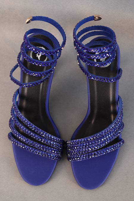 Shop_Sana K luxurious Footwear_Blue Rhinestones Spring Stone Embellished Heels _at_Aza_Fashions