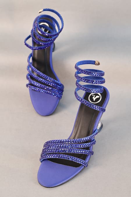 Buy_Sana K luxurious Footwear_Blue Rhinestones Spring Stone Embellished Heels _Online_at_Aza_Fashions