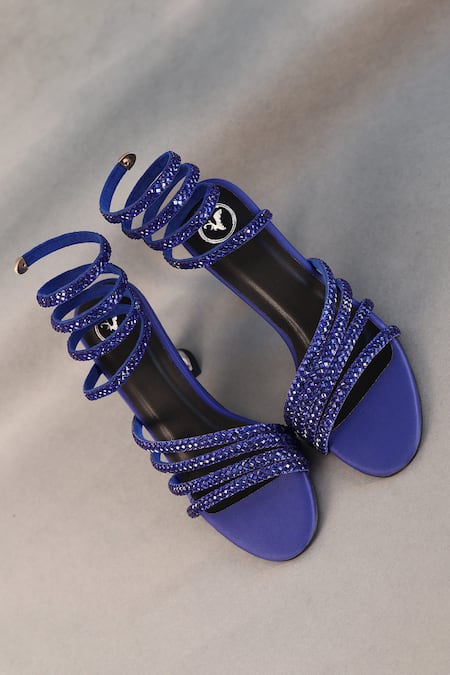 Shop_Sana K luxurious Footwear_Blue Rhinestones Spring Stone Embellished Heels _Online_at_Aza_Fashions