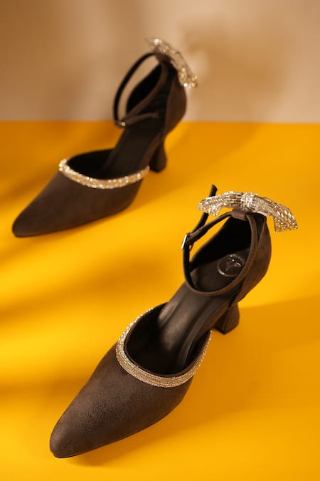 Sana K luxurious Footwear Grey Embellished Bow Back Heels 